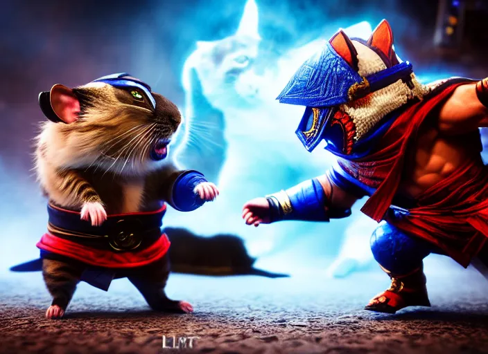 Image similar to hamster dressed as sub zero fights a cat dressed as kung lao in mortal kombat on the background of a laughing shao khan. fantasy magic style. highly detailed 8 k. intricate. lifelike. soft light. sony a 7 r iv 5 5 mm. unreal engine with nanite and path tracing