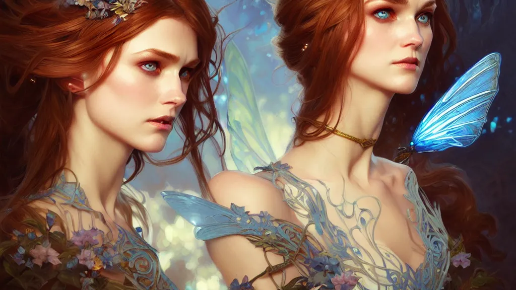 Image similar to Portrait of fairy woman, D&D, blue eyes, face, fantasy, intricate, elegant, highly detailed, digital painting, artstation, concept art, smooth, sharp focus, illustration, art by artgerm and greg rutkowski and alphonse mucha