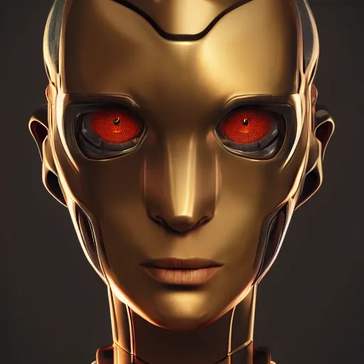 Image similar to centered detailed portrait of a robotic robot, realistic character concept, identical eyes, gazing eyes, video game art, fantasy, illustration, slender symmetrical face and body, artstation, cinematic lighting, hyperdetailed, cgsociety, 8 k, octane render, golden ratio, postprocessing