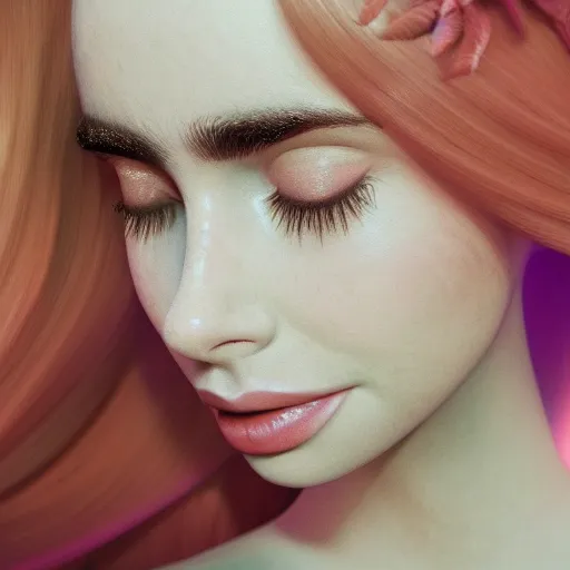 Image similar to a beautiful blonde queen girl lily collins, floating under the deep dream water, beautiful smooth soft light + white petal, oil paint, octane render, unreal engine 5, closeup, 4 k, highly detailed, instagram,