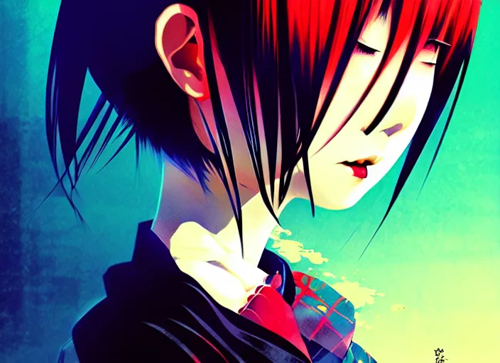 Image similar to editorial illustration colorful, anime portrait vampire princess miyu, katsuhiro otomo, manga, ilya kuvshinov, fine texture, realistic shading, fine details, matte colors, film noir, dramatic lighting, dynamic composition, moody, vivid, volumetric