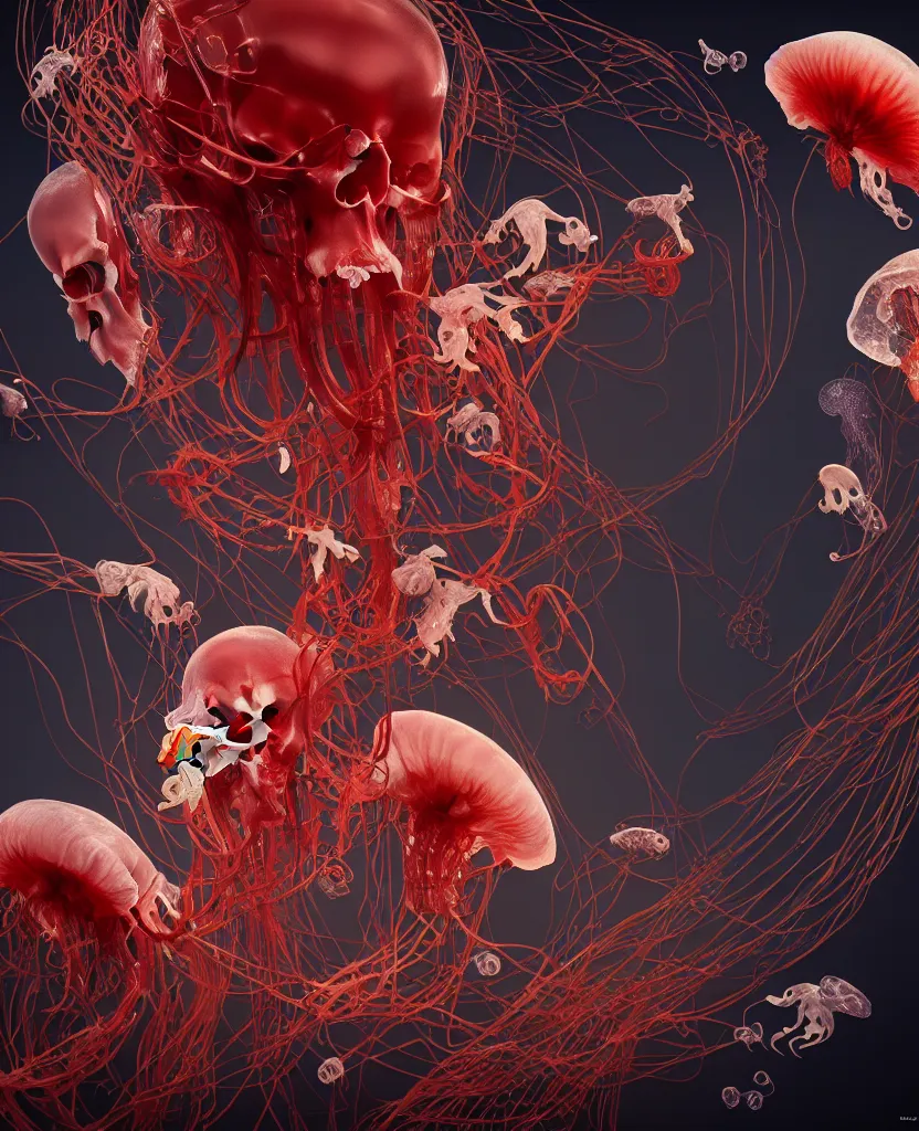 Image similar to composition of human skulls, animals skulls, bones, rib-cage. jellyfish orchids and betta fish, bioluminiscent, intricate artwork by Tooth Wu and wlop and beeple. octane render, trending on artstation, greg rutkowski very coherent symmetrical artwork. cinematic, hyper realism, high detail, octane render, 8k