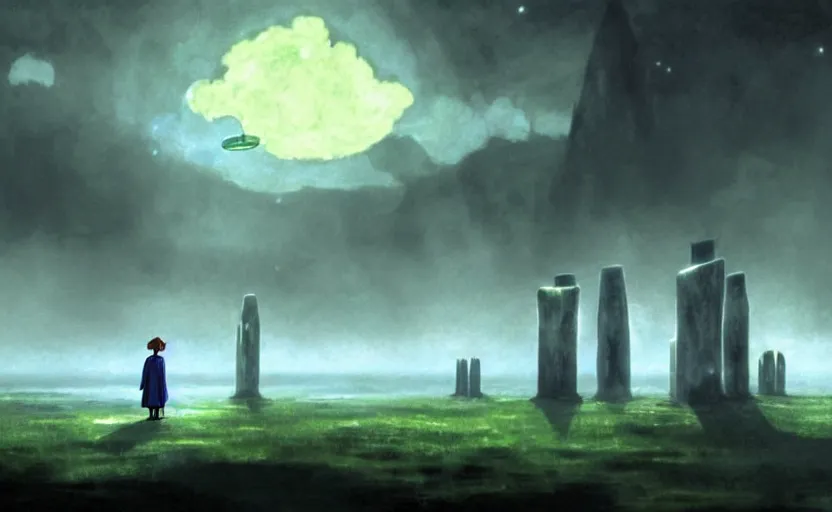 Prompt: a realistic and atmospheric cell - shaded concept art from howl's moving castle ( 2 0 0 4 ) of a grey monk standing in a futurist sci - fi city that looks like stonehenge in a flooded rainforest. it is a misty starry night. a ufo is in the sky. very dull muted colors, hd, 4 k, hq