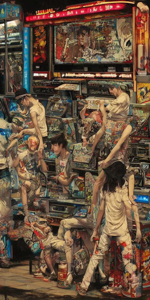 Image similar to oil painting scene from amusement arcade by kim jung gi