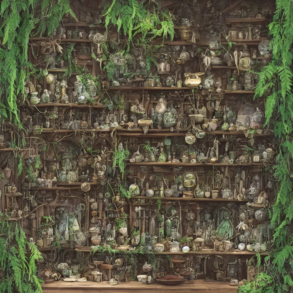 Image similar to small witch shop, counter, cauldrons, potions, visitor in a pointy hat, owls, ferns and vines, highly detailed, sharp focus, matte painting, by studio ghibli, by giovani magana,