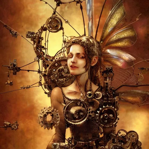 Image similar to portrait of a mechanical fairy with fairy wings, gears, wires and cables, detailed, 4k, in the style of Craig Mullins and James Gurney