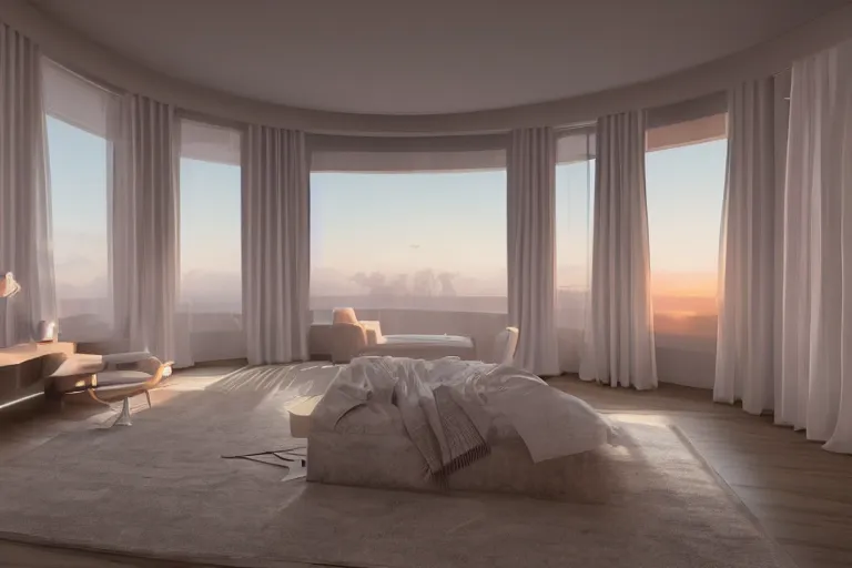 Image similar to a futuristic furnished bedroom with a large window at sunset, godrays, luxury furnish, white bed, complementary colors, warm lighting, path traced, highly detailed, high quality, concept art, 8k, calm, trending on Artstation