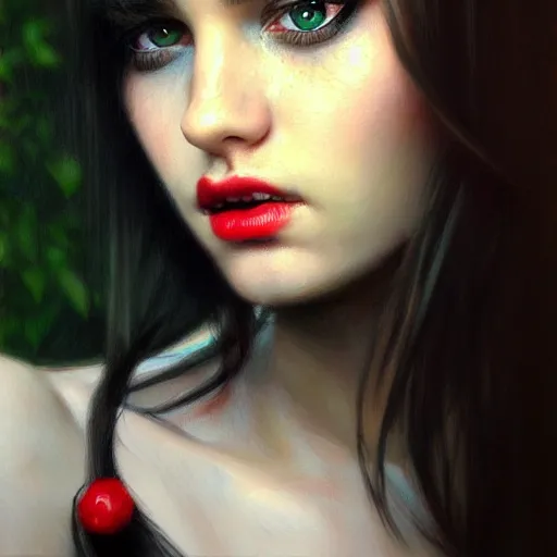 Image similar to a realistic illustration portrait of a beautiful cute girl with wavy black red shoulder - long hair, a pointy nose and, round chin black eyeliner and green pupills, in a garden, trending on artstation, hyper - realistic lighting, intricate by casey baugh