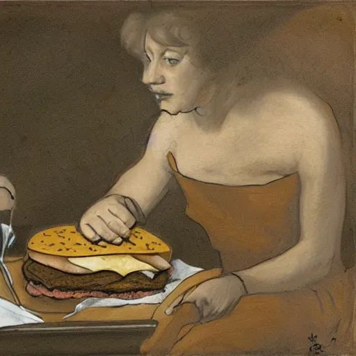 Prompt: wendy devouring a cheeseburger, drawn francisco goya, mixed media mural transferred to canvas