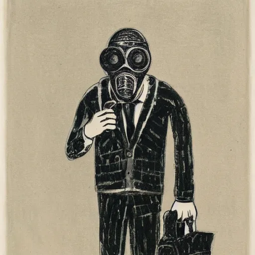 Image similar to A man wearing a suit and a gas mask standing in a white room, illustration, etching, in the style of Otto Dix, great quality