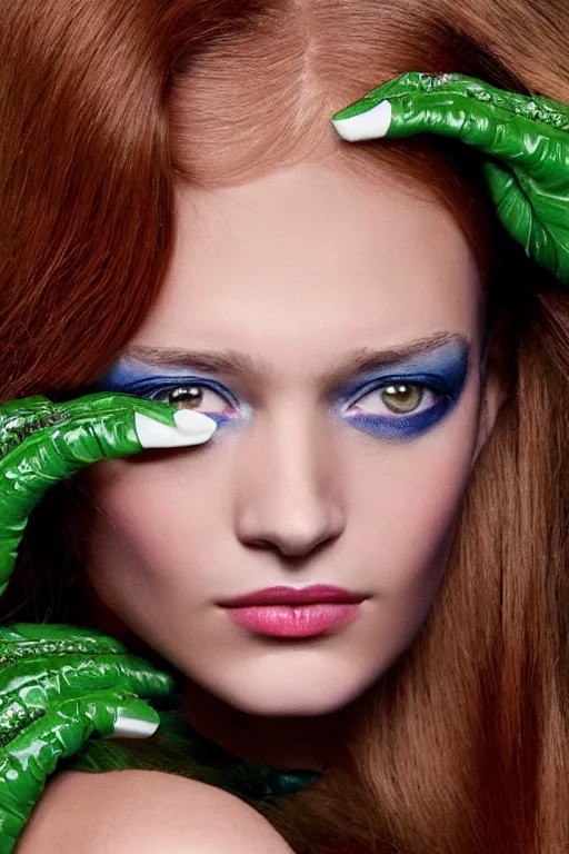 Prompt: A beautiful portrait of Daria Strokous smiling as Poison Ivy from Batman as a Versace fashion model Spring/Summer 2010, highly detailed, in the style of cinematic, Getty images, Milan fashion week backstage, Extreme close up, Makeup by Pat McGrath, Hair by Guido Palau, Greg rutkowski