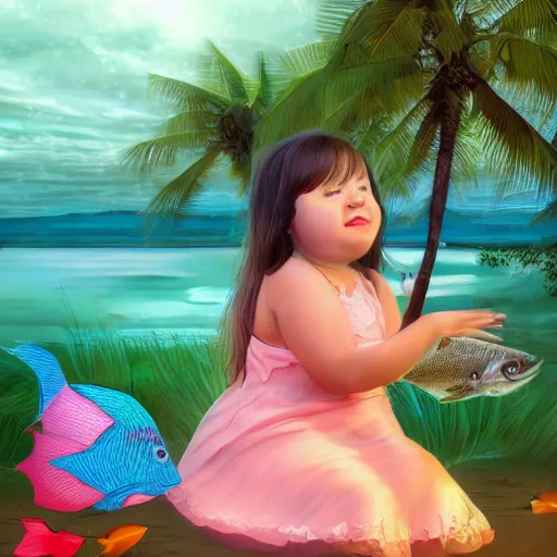 Image similar to spectacular scene of a little fat sweet girl with flowery dress, sitting on the sand, with a colorful fish, by the stormy lake. clear beautiful fat face. morning time. an amazingly beautiful scene. beautiful lighting, 4 k post - processing, trending in art station, cg society, highly detailed, 5 k extremely detailed, 3 d. stylize scene.