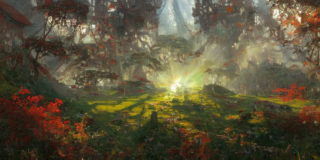 Prompt: park gold and silver columns of glass and surrealistic glossy light rays sunbeams bloom glare lens flare metal structures, green and red leaves, close up villages castles, artstation illustration sharp focus sunlit vista painted by ruan jia raymond swanland lawrence alma tadema zdzislaw beksinski norman rockwell tom lovell alex malveda greg staples