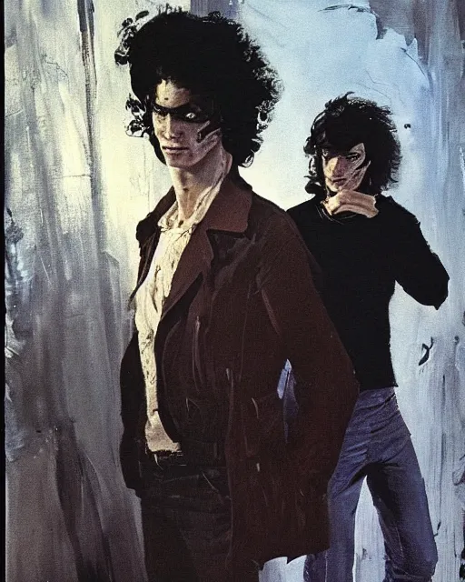 Image similar to two handsome but sinister young men in layers of fear, with haunted eyes and wild hair, 1 9 7 0 s, seventies, wallpaper, a little blood, moonlight showing injuries, delicate embellishments, painterly, offset printing technique, by coby whitmore