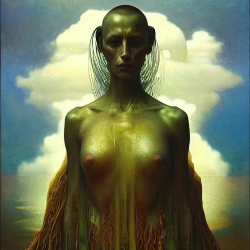 Image similar to cyber nomad by zdzisław beksinski, iris van herpen, raymond swanland and alphonse mucha. highly detailed, hyper - real, beautiful