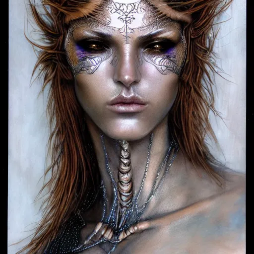 Prompt: an award finning closeup facial portrait by luis royo and john howe of a bohemian androgynous cyberpunk traveller clothed in excessively fashionable 8 0 s haute couture fashion and wearing ornate art nouveau body paint