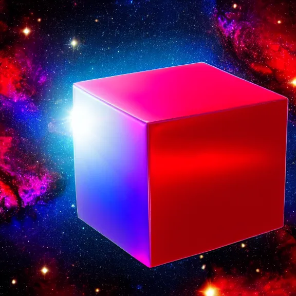 Prompt: red iridescent cube right position, deep space background