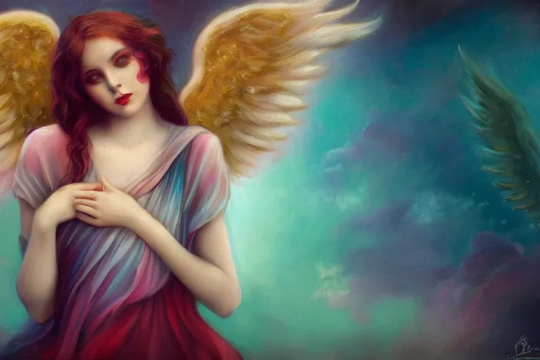 Image similar to pretty angel girl with wings photograph in the style of tom bagshaw, colorful, realistic, 8 k