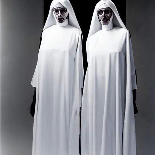 Image similar to award winning photo Floating twin nuns wearing translucent habits, see through dress, Very long arms, in a bedroom, eerie, frightening —width 1024 —height 1024