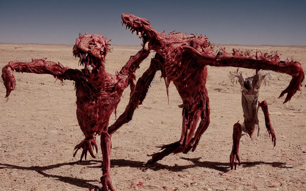 Image similar to in the desert a bloody gross horrifying The Thing creature made of muscle and bone and blood stares at the camera, eating, it walks on two legs, mid day, 35mm photography, realistic,