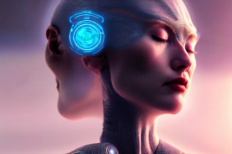 Image similar to ultra realistic, beautiful cyborg woman, eyes closed, sci-fi, fantasy, mythical, intricate, elegant, highly detailed, digital painting, octane render, substance painter, zbrush, artstation, concept art, smooth, sharp focus, eerie, illustration, 8k, HD, art by artgerm and greg rutkowski and raphael