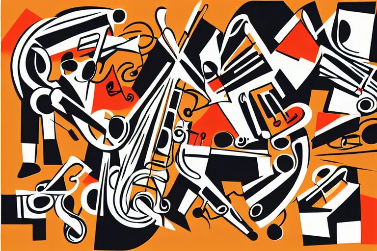 Image similar to Stylized abstract art of jazz musicians playing along with musical notes in the style of Stuart Davis