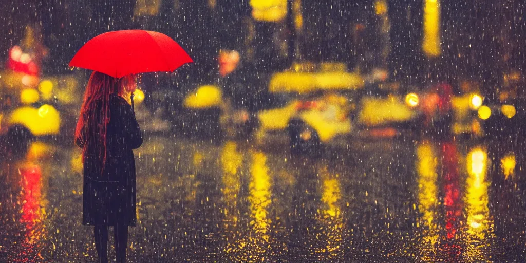 Image similar to a girl in a yellow raincoat and a red umbrella, standing in the rain, night, tokyo street, raining , wet, artstation, cgsociety, depth of field, bokeh, neon lights