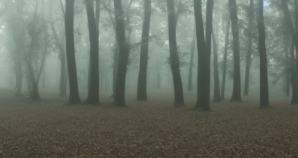 Prompt: a photograph of a creepy foggy forest