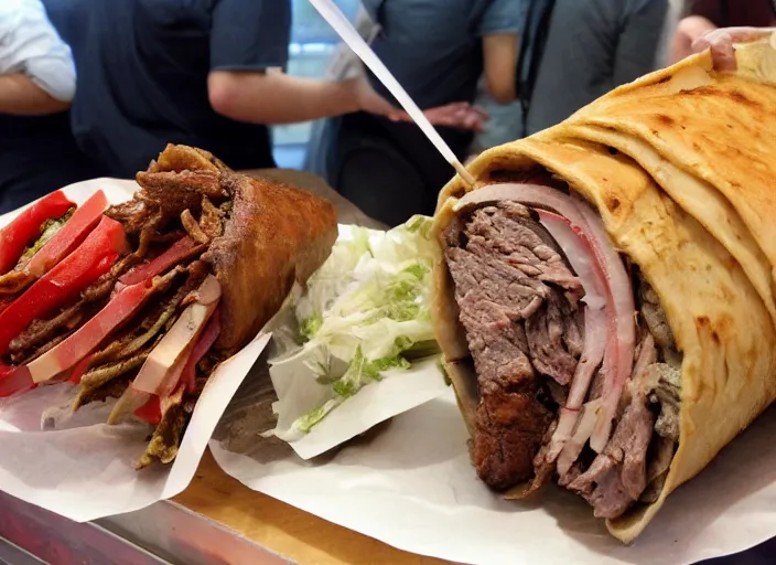 Prompt: A photo of a Döner kebab in Berlin, highly detailed