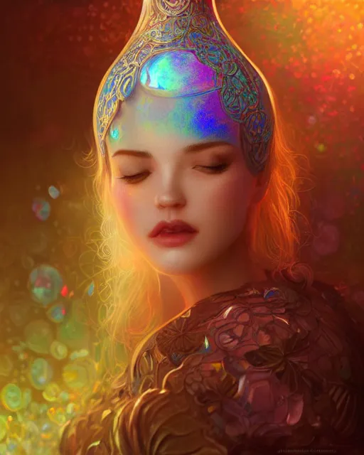 Image similar to a cute woman inside an ornate bottle of iridescent liquid, alchemy, intricate, bloom, detailed, volumetric lighting, sharp focus, photorealism, digital painting, highly detailed, concept art, by by artgerm and wlop