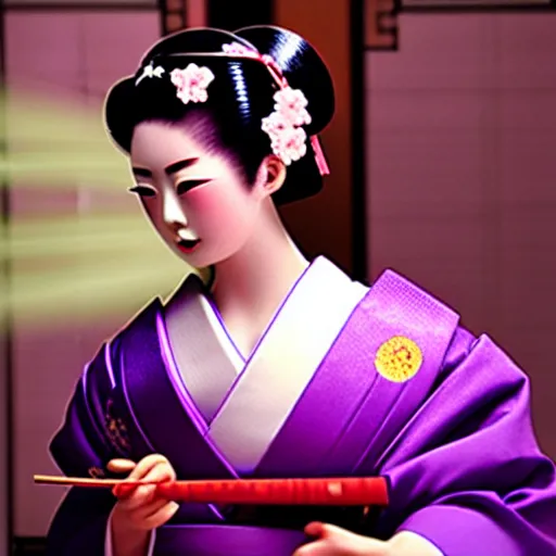 Image similar to Japanese geisha with beautiful violet paper fan, 4k photography, 30 mm lens, cinematic light, warm atmosphere, in style of Kar Wai Wong, cigarette smoke trail