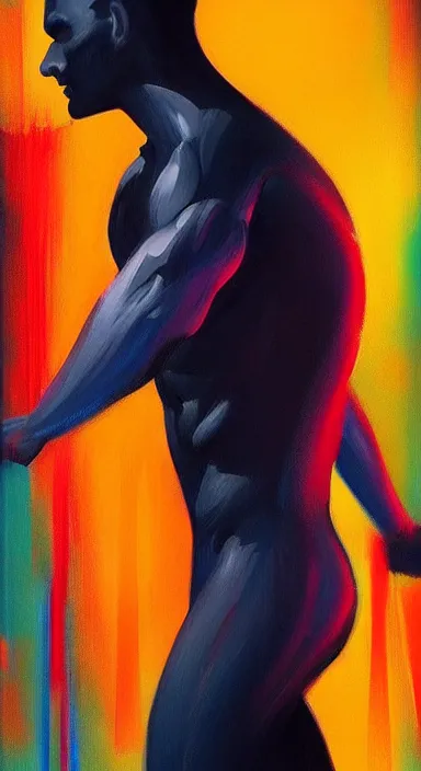 Image similar to very dark background, a thin, athletic physique man's body made of bright colored thick flowing dramatic brush strokes, no face, strong wind, matte colors, impressionist, extreme motion, trending on artstation