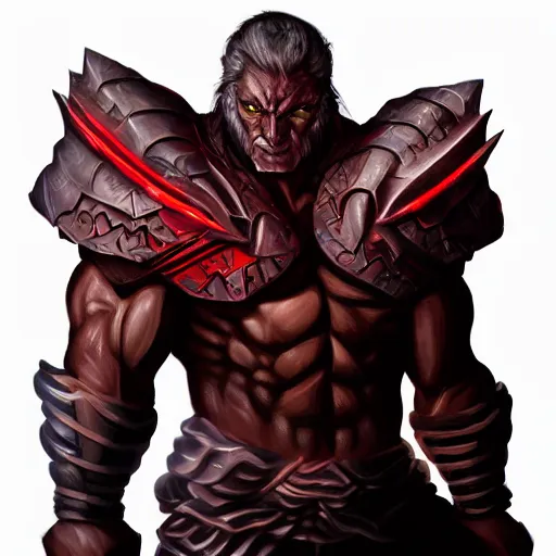 Image similar to a highly detailed character portrait of a muscular man wearing a epic shadow armor with glowing red eyes concept art