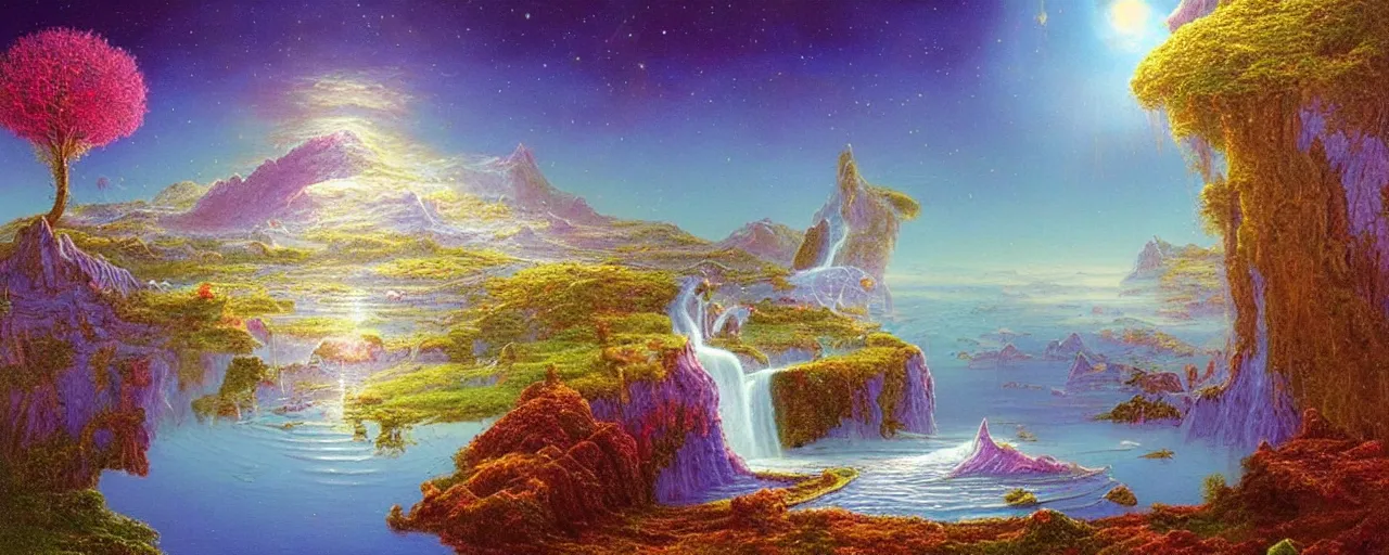 Image similar to a visionary art painting by gilbert williams of a sparkling floating island realm