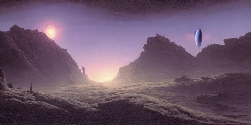 Image similar to large spaceship orbiting over a alien planet, volumetric light from nearby star, style by caspar david friedrich and wayne barlowe and ted nasmith.