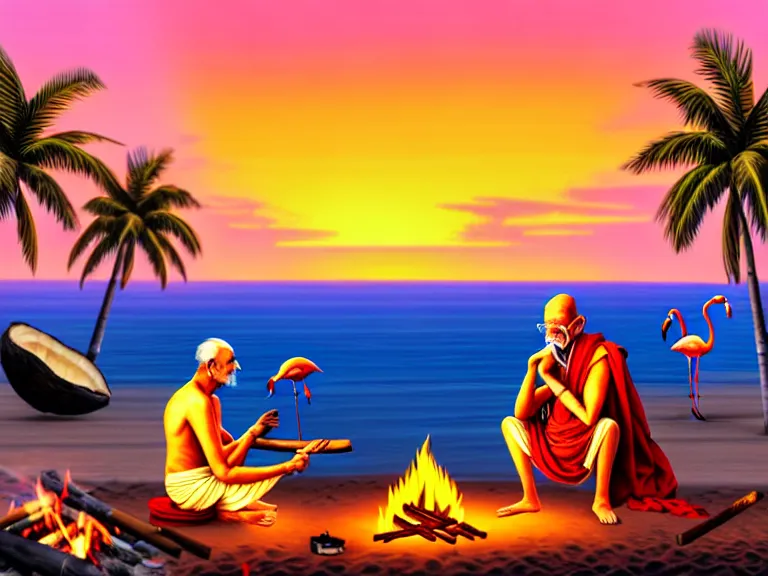 Image similar to gandhi sitting on a beach next to a campfire, holding a cigar, sunset, parrots, flamingos, coconuts, palm trees, highly detailed, digital art, hyper realistic, beautiful, 8 k, trending on deviantart, hyper detailed, glorious lighting, epic environment,