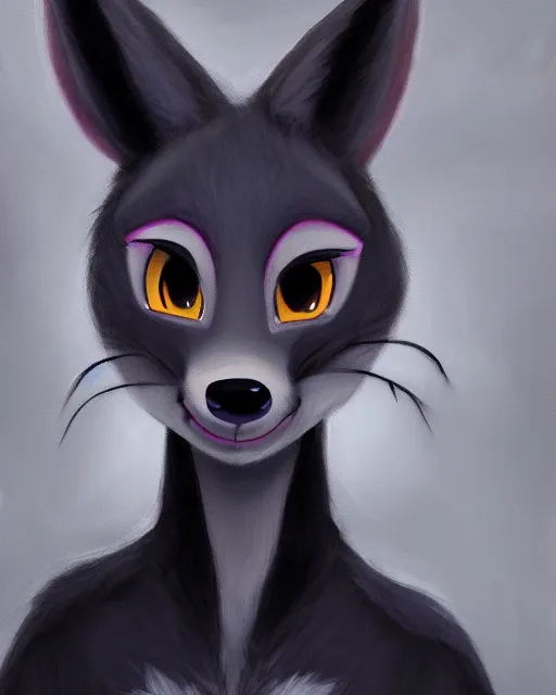 Image similar to dark oil painting of anthromorphic female wolf, in style of zootopia, zootopia, zootopia, fursona, furry, furaffinity, 4 k, deviantart, furry art, fursona art, wearing black business suit, business suit, in style of zootopia, wolf fursona, cyberpunk, female, very very very expressive detailed feminine face,