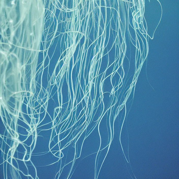 Image similar to luminescent, deep ocean ribbon jellyfish, 3 5 mm photograph