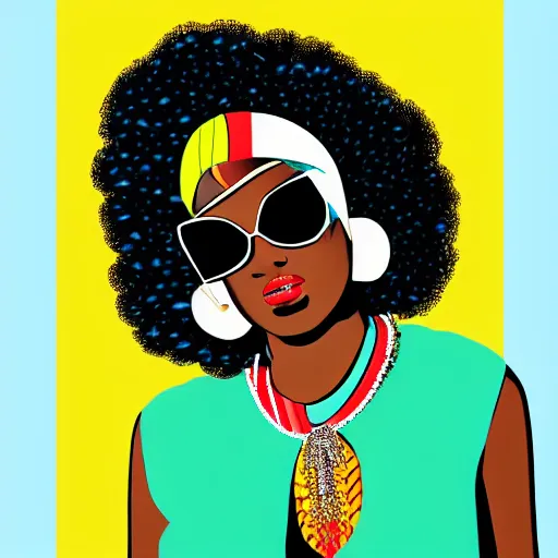 Prompt: 70s pop art of an African american woman with a large afro, wearing sunglasses and a beautiful necklace, vibrant solid background