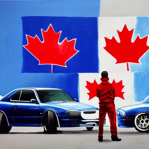 Prompt: Paul Walker holding Canadian flag next a blue r34 skyline, painting