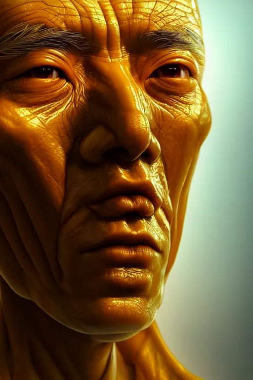 Image similar to hyperrealistic close-up translucent hard exoskeleton!! sad chinese man covered highly detailed concept art eric zener elson peter cinematic side soft yellow light high angle hd 8k sharp shallow depth of field