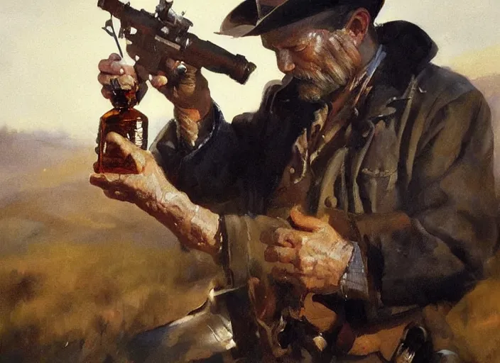 Image similar to oil painting of old rugged cowboy with whiskey bottle and gun, art by anders zorn, wonderful masterpiece by greg rutkowski, beautiful cinematic light, american romanticism by greg manchess