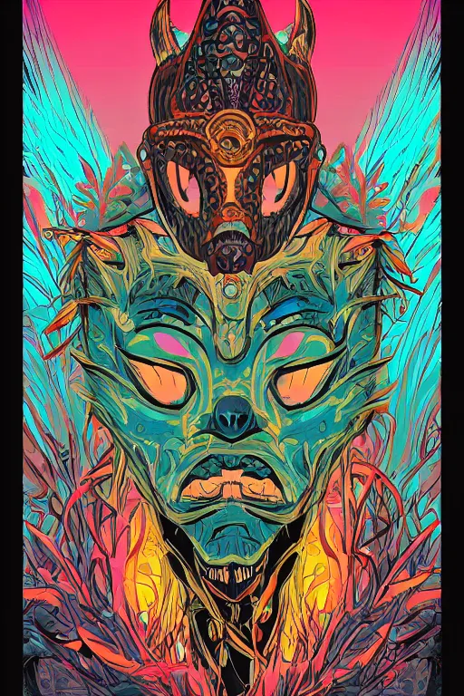 Image similar to animal mask totem roots flower tribal feather gemstone plant wood rock shaman vodoo video game vector cutout illustration vivid multicolor borderlands comics by josan gonzales and dan mumford radiating a glowing aura