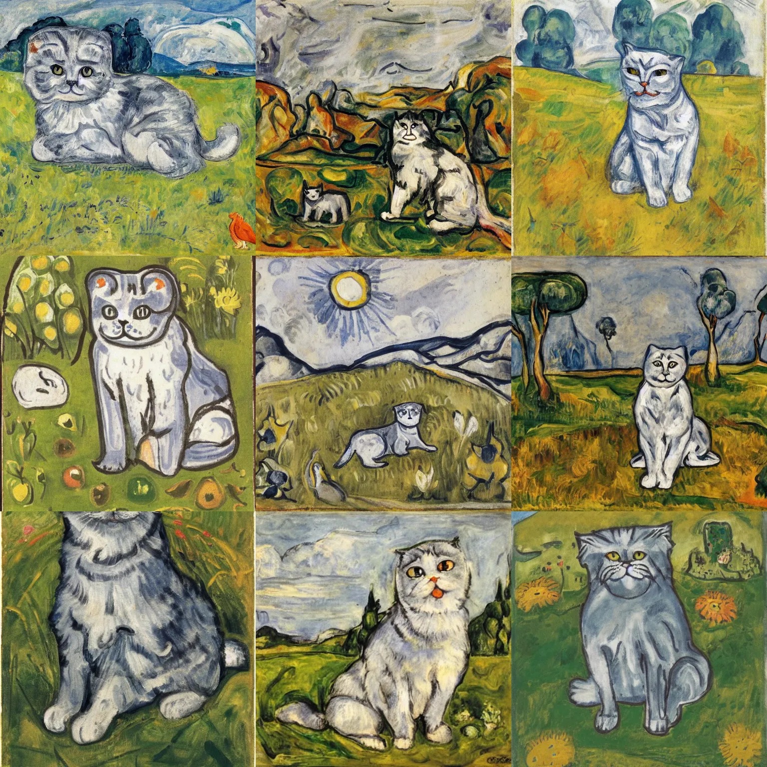 Prompt: a gray scottish fold sitting in the middle of sunny meadow, by oskar kokoschka