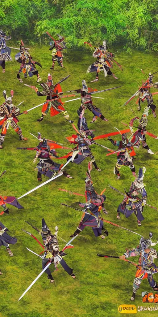 Prompt: samurais in colourful armor fight against each other in a bamboo forest, cinematic, epic pose, battle scene, render, unreal engine