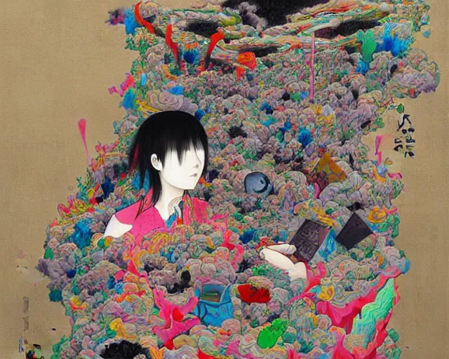 Prompt: a surreal, dense, vivid painting by otake chikuha depicting nihilism, depression, and transcendence