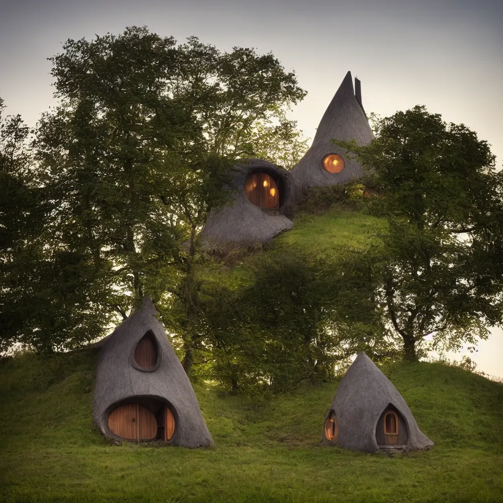 Image similar to a lone techno hobbit house at the top of a tower in the middle of a field, dramatic lighting, award winning, in the style of callebaut, vincent