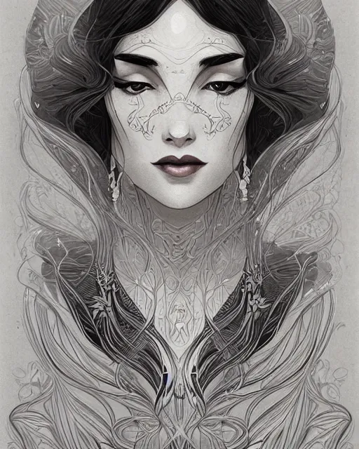 Image similar to portrait of a woman, art deco styl, e beautiful, mesmerizing, concept art, highly detailed, smooth, fantastical, cinematic, intricate linework, detailed and intricate environment, artstation, inspired by monstress, sana takeda