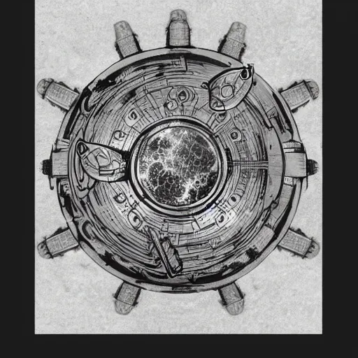 Image similar to armored battle tank with dao yin - yang symbol, detailed pencil drawing, background deep space with galaxies