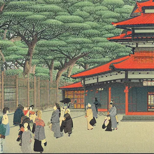 Prompt: Zoo park in city, Hasui Kawase